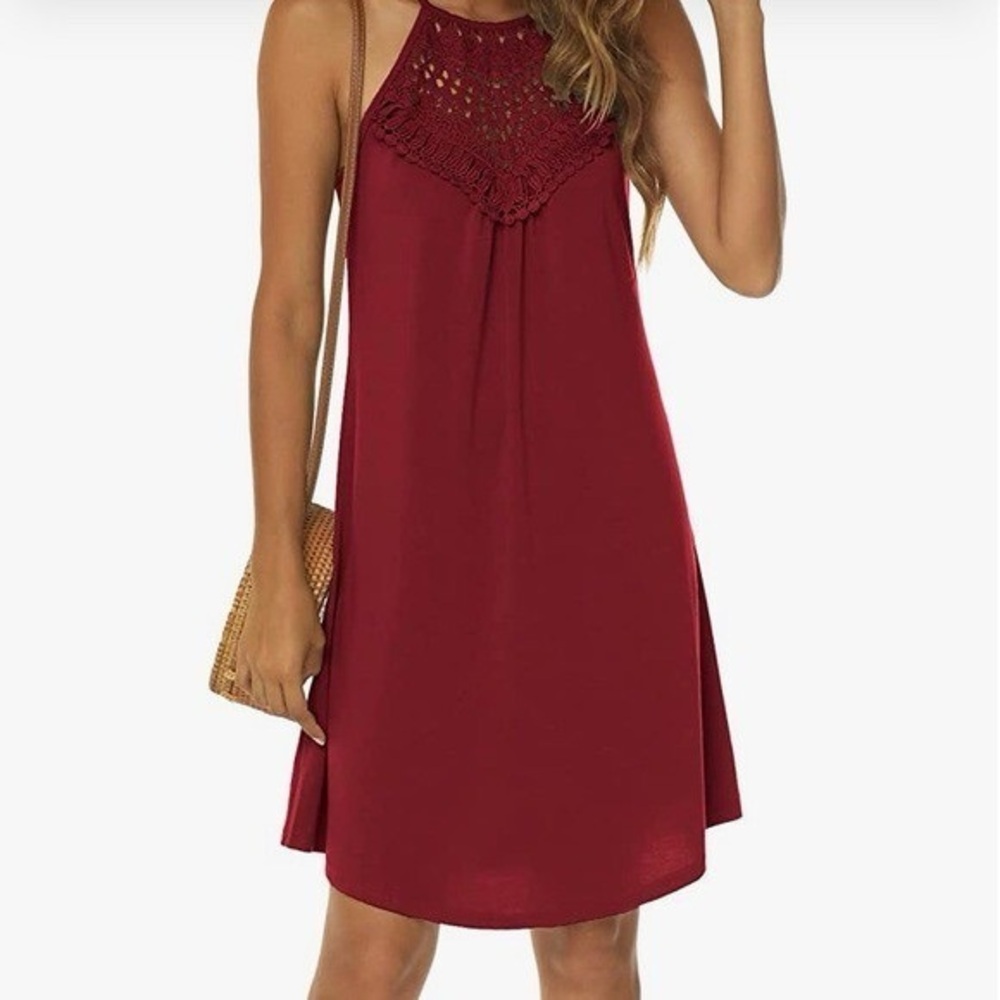 SWEETNIGHT Red Halter Dress with Crochet Lace Accent